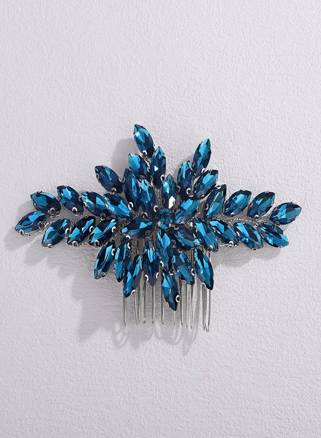 Xerling Colored Floral Rhinestone Bridal Hair Side Comb Women Brides Wedding Handmade Hair Accessories Jewelry Headpiece (Peacock Blue) - Image 1